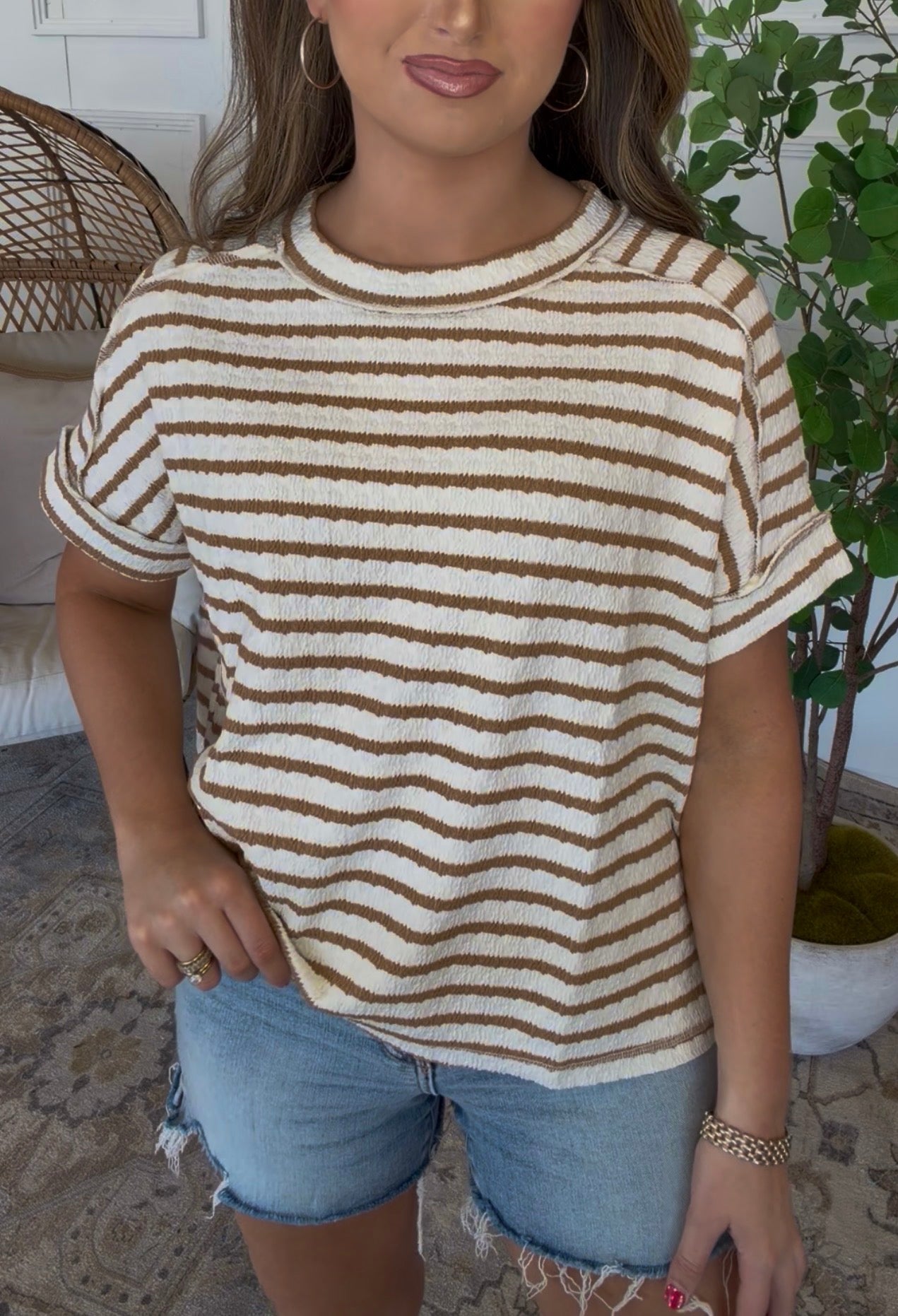 Zenana Brand Stripe Tops- Tan & Green