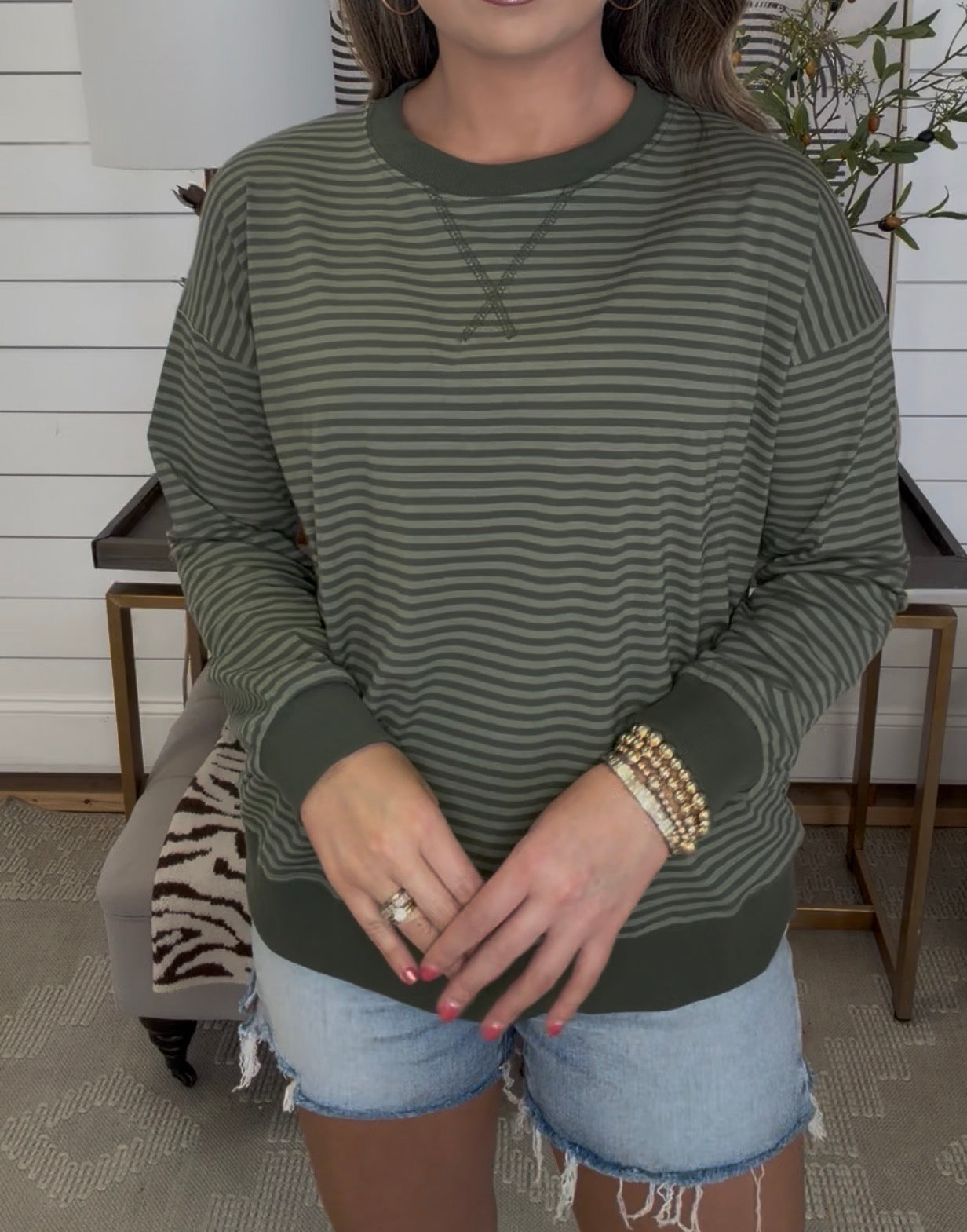 Zenana Brand Stripe Season Top DEAL- Olive