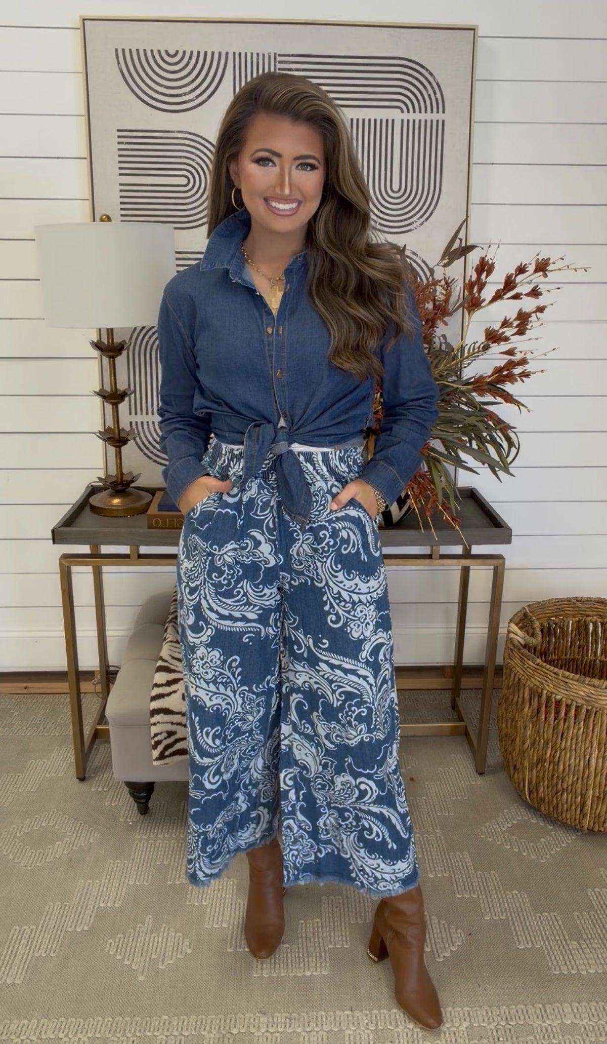 Pretty Denim Printed Elastic Waist Pants- DEAL