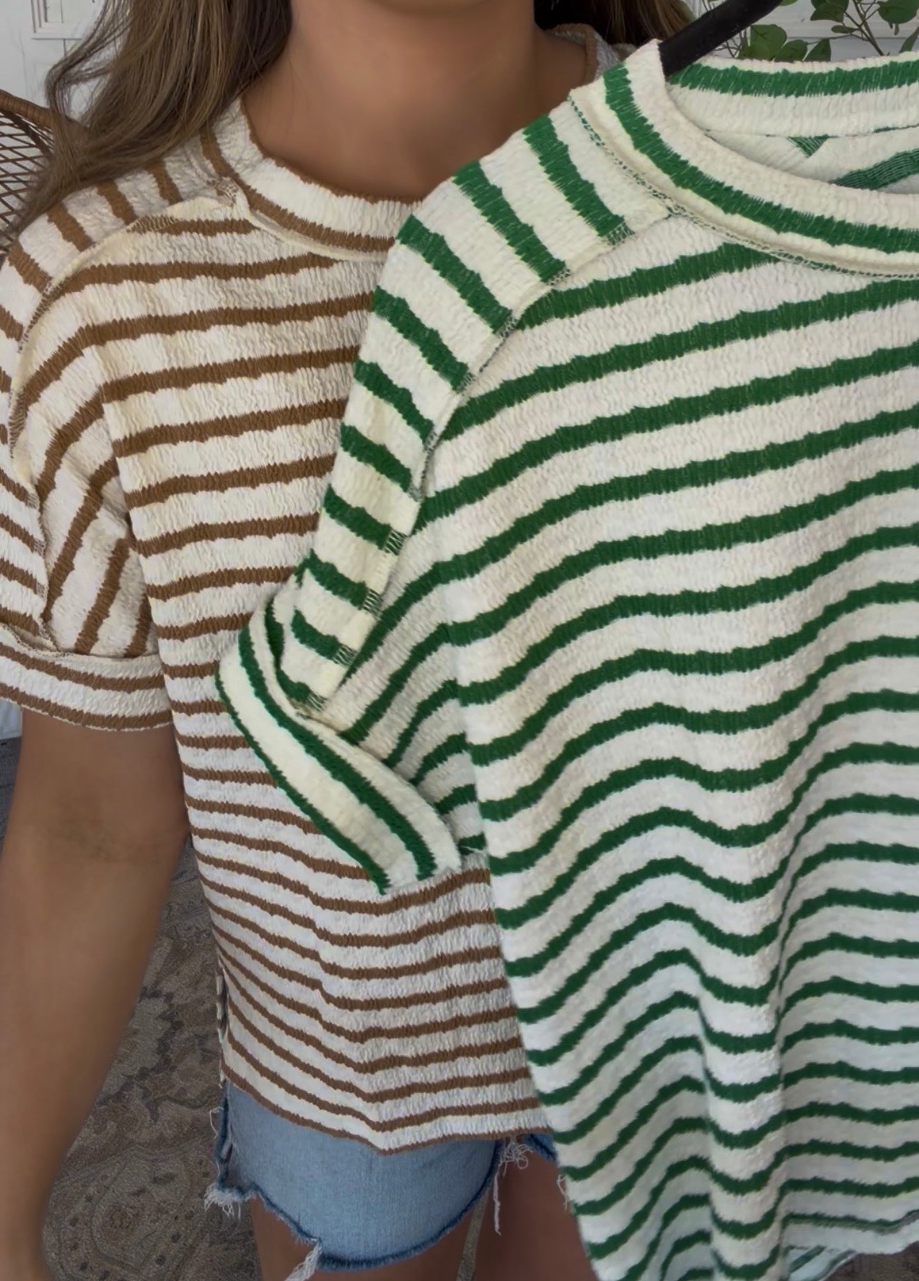 Zenana Brand Stripe Tops- Tan & Green