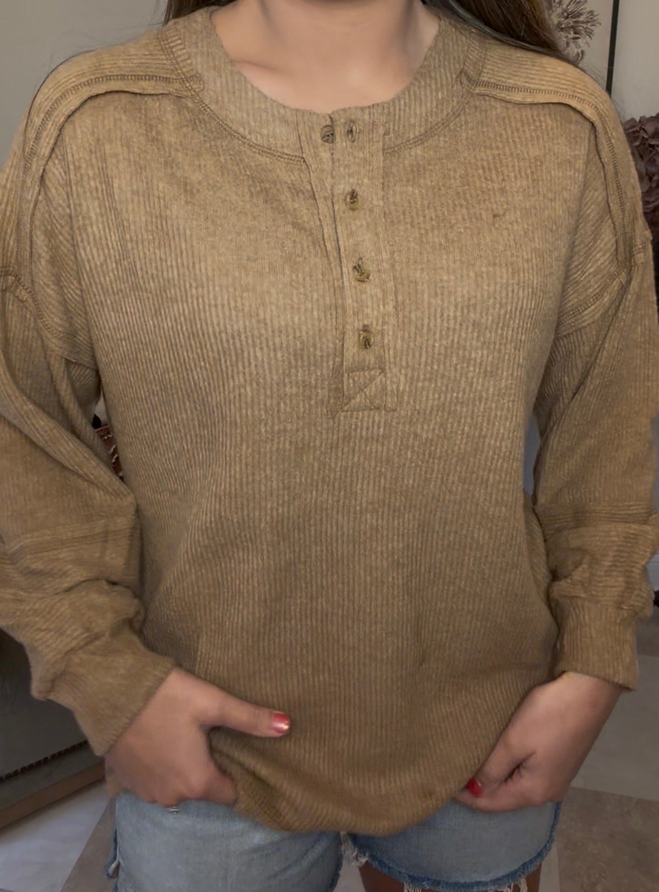 Zenana Brand Henley DEAL- Tan