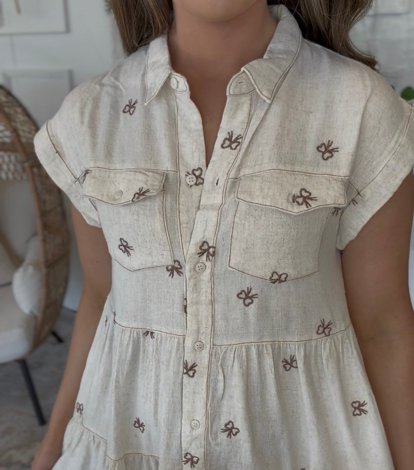 Embroidered Bow Dress- Tan